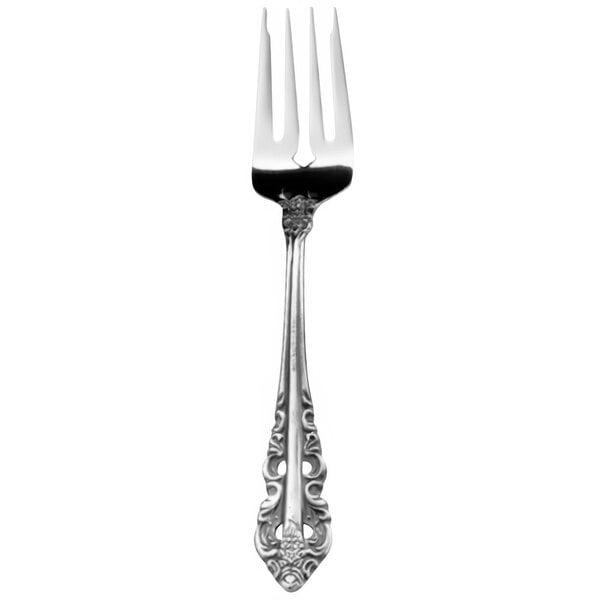 A Walco Classic Baroque stainless steel salad fork with a design on the handle.