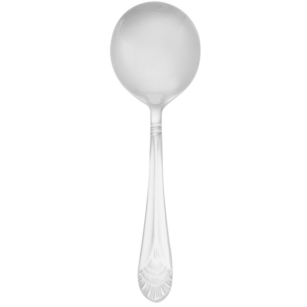 A close-up of a Walco stainless steel bouillon spoon with a black handle.