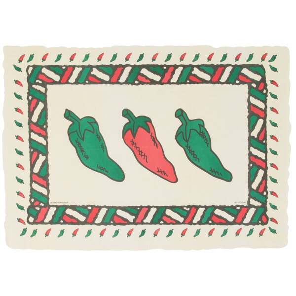 A white Hoffmaster paper placemat with red and green chili pepper drawings.