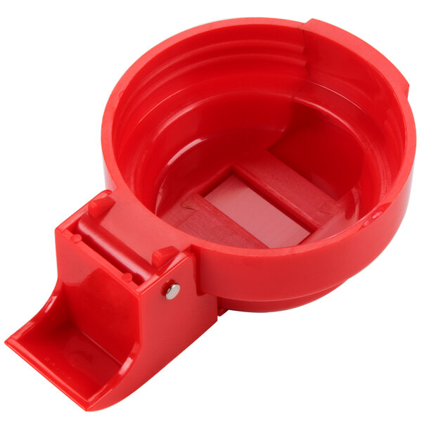 A red Tablecraft dressing container with a lid and handle.