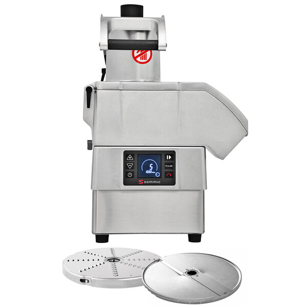 A Sammic CA-3V food processor with lid and two circular discs.