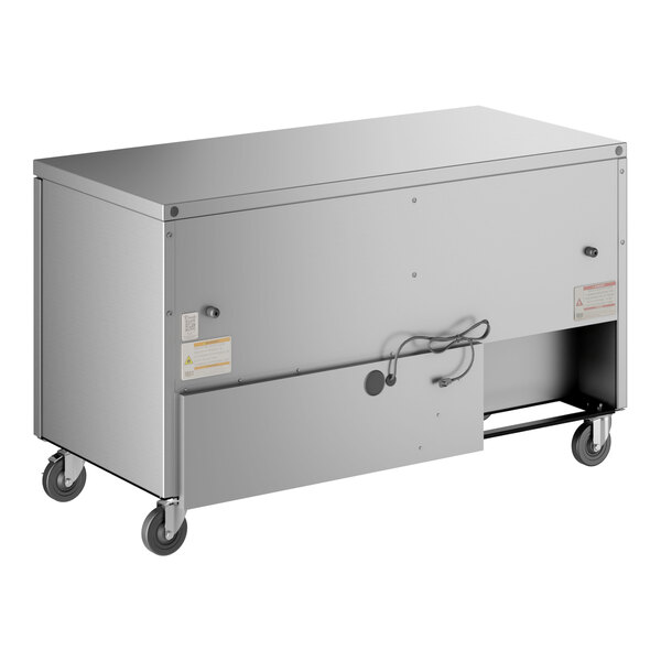 A large rectangular stainless steel box with wheels.