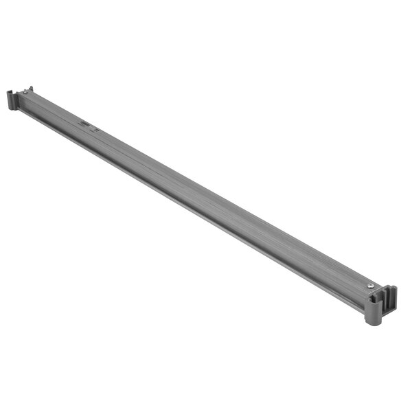 A long grey metal bar with a white background.