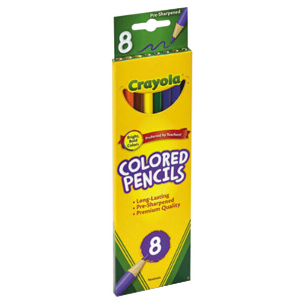 A yellow and green box of Crayola colored pencils with a label.