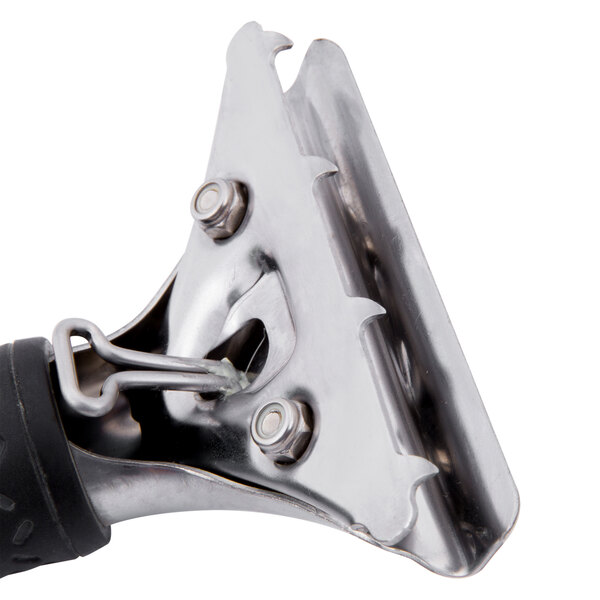 A close-up of a Unger stainless steel squeegee handle with a rubber grip.