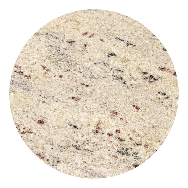 A close up of a Art Marble Furniture round Kashmir White Granite Tabletop with red and black spots.