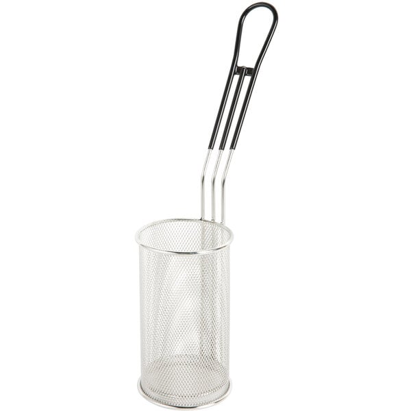 A stainless steel mesh Waring pasta cooker basket with a handle.