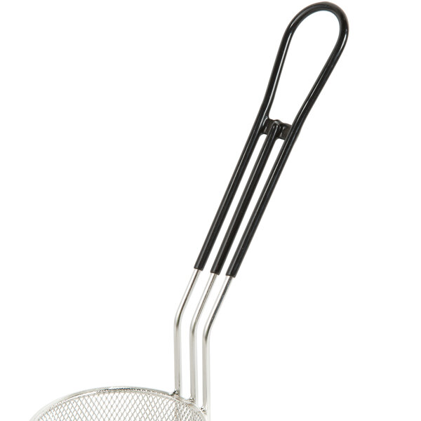 A round metal mesh strainer with a black handle.