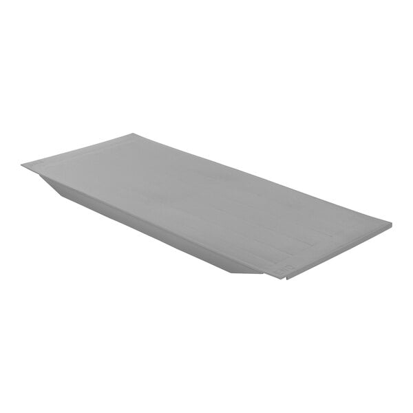 A gray rectangular metal shelf plate with raised edges.