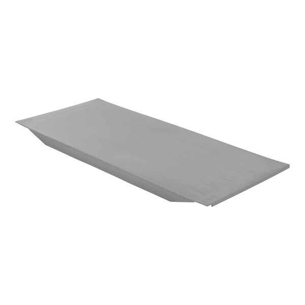 A gray rectangular metal shelf end plate.
