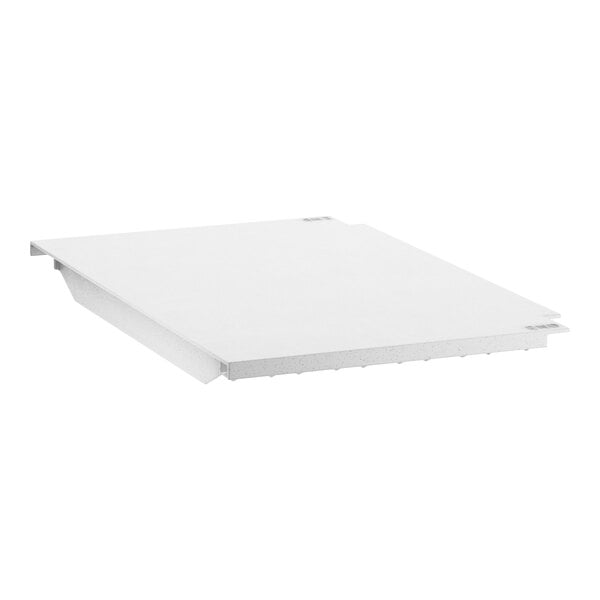 A white rectangular Cambro shelf plate with metal corners.