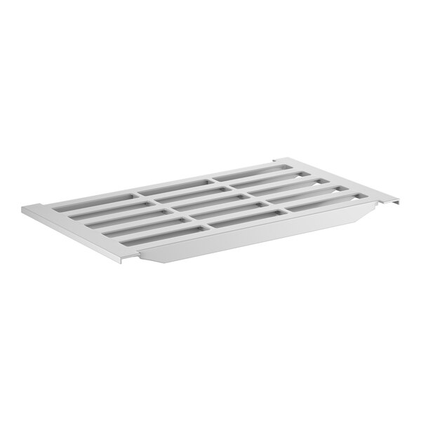 A rectangular, vented plastic shelf plate designed for use with Camshelving Basics Plus Series shelving units.