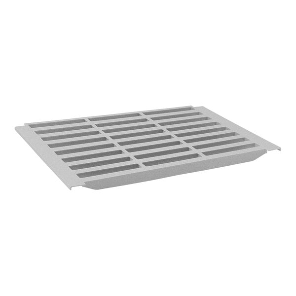 A grey metal grate with holes.