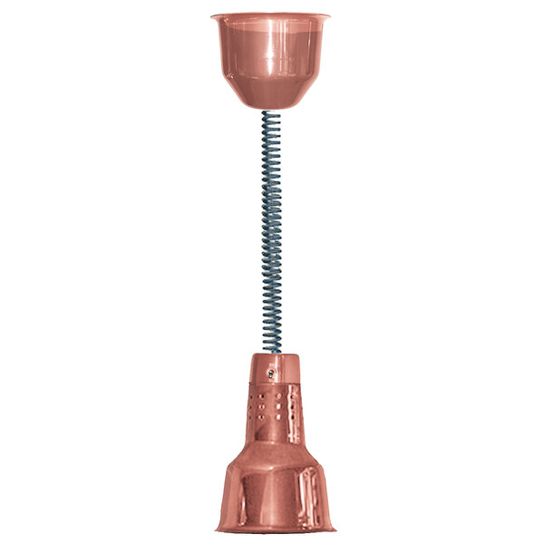 A Hanson bright copper hanging heat lamp with a retractable cord spring.