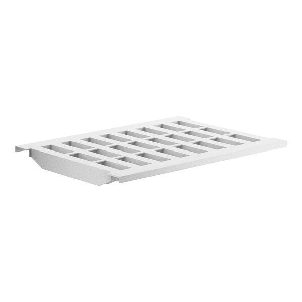 A white rectangular plastic shelf with a grid of holes.