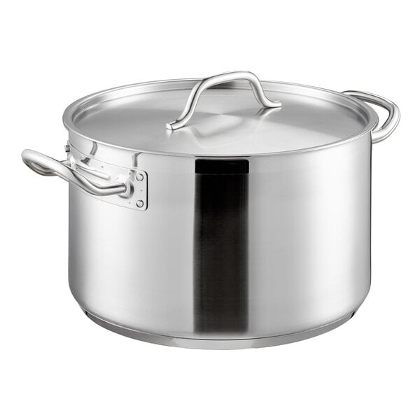 A large stainless steel sauce pot with a lid and two side handles.