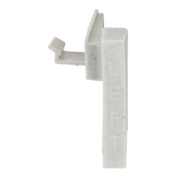 A white plastic Camshelving® left corner connector with a small hole in it.