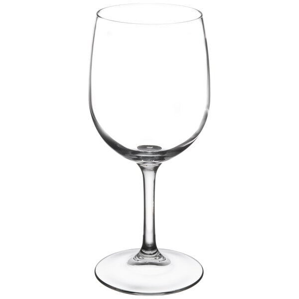 A close-up of a clear Libbey Bristol Valley white wine glass.