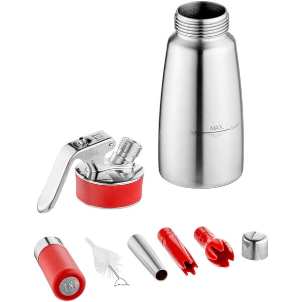 A silver stainless steel iSi whipped cream dispenser with a red and silver lid.