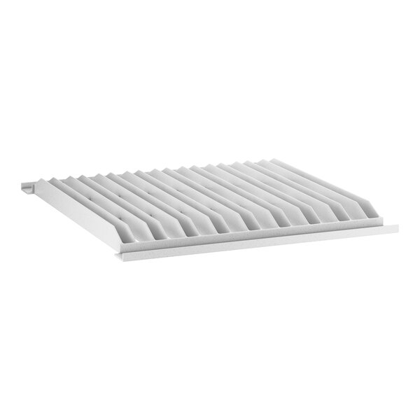 A white metal shelf with a vented grid of white plastic strips.