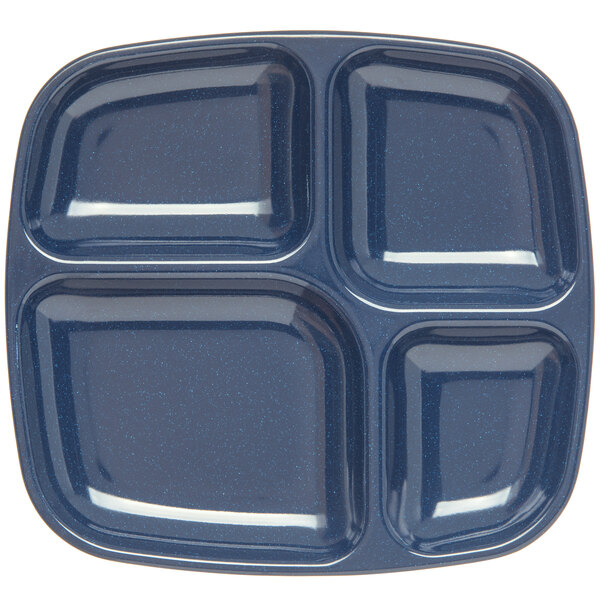 a blue tray with four compartments