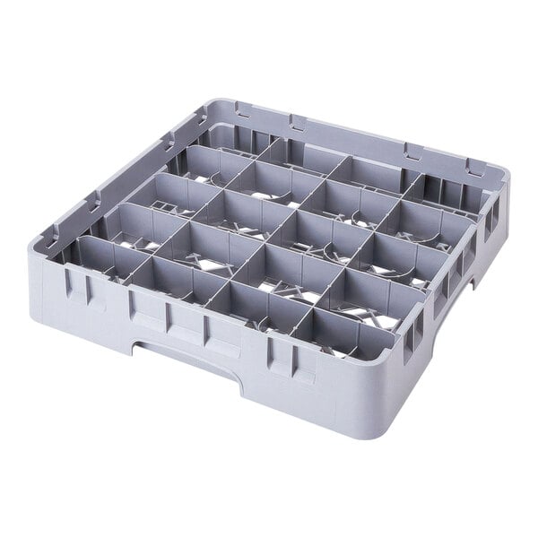 A large gray plastic Cambro cup rack with 20 compartments.