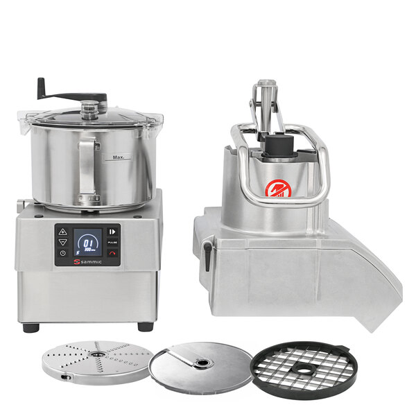 A Sammic commercial food processor with a stainless steel bowl and lid.