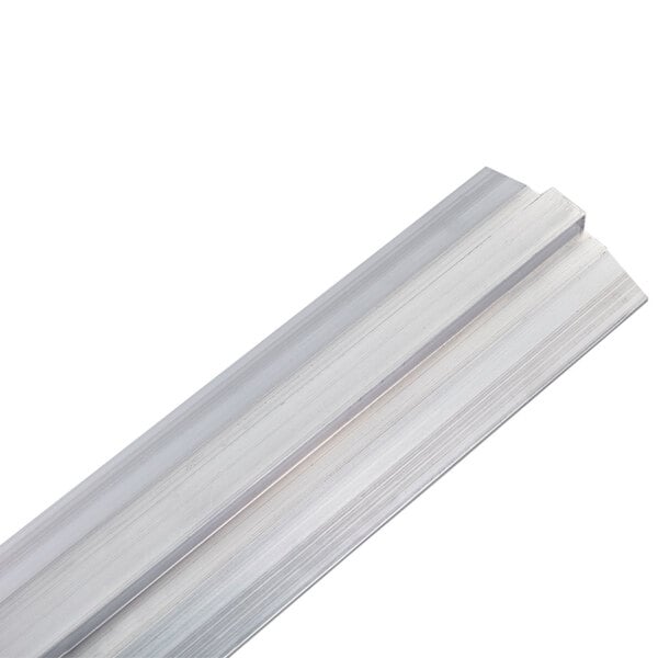 A white metal Cambro Camshelving® track rail with a silver edge.