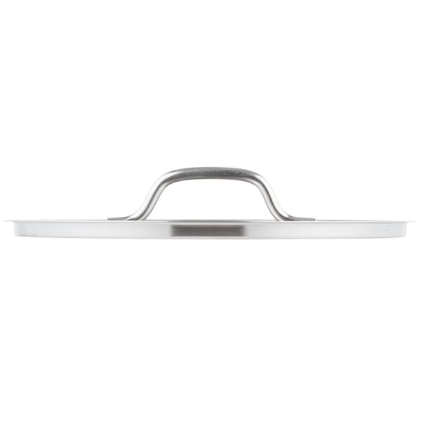 A Vigor stainless steel stock pot lid with a handle.