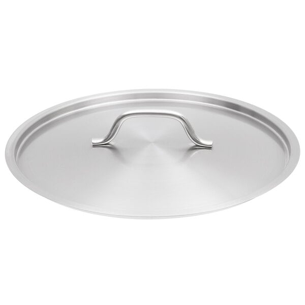 A silver stainless steel lid with a handle.