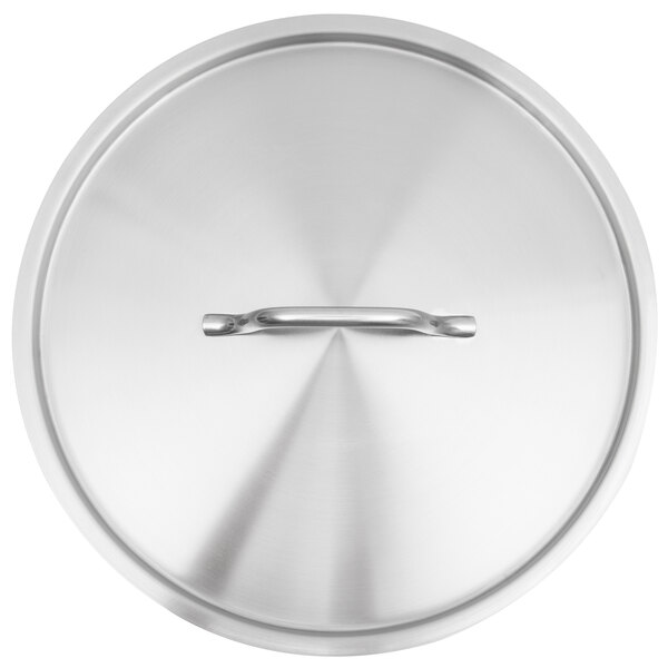 A close-up of a Vigor stainless steel lid with a handle.