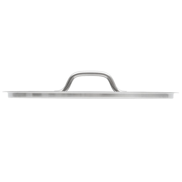 A stainless steel Vigor lid with a metal handle.