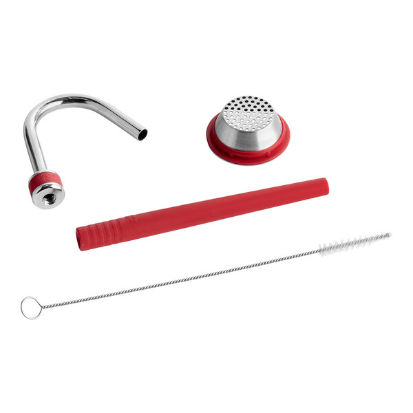 A four-piece set of iSi rapid infusion tools including a metal tube, a strainer, a red silicone tube, and a cleaning brush.