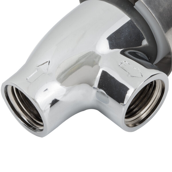 A chrome plated T&S vacuum breaker assembly with two holes.