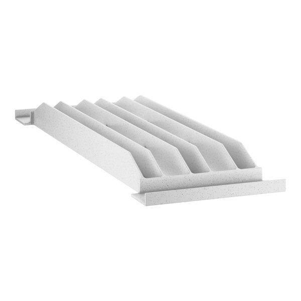 A white plastic vented shelf middle plate with rows of white strips.