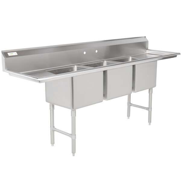 Regency 16 Gauge Stainless Steel Three Compartment Commercial Sink With Two Drainboards 18 X 18 X 14 Bowls