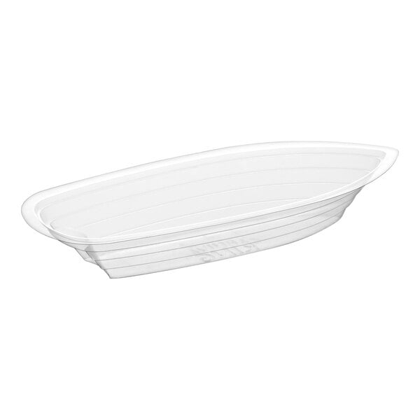A clear plastic banana split boat container.