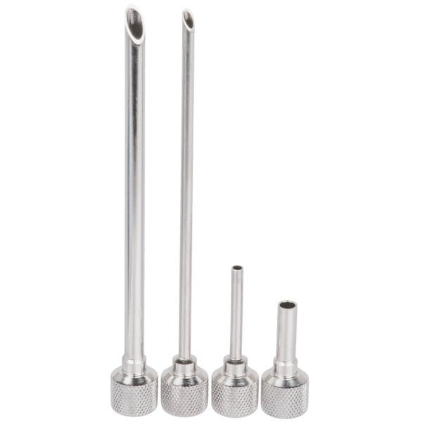 A close up of a silver stainless steel injector tip with a black screwdriver on top.