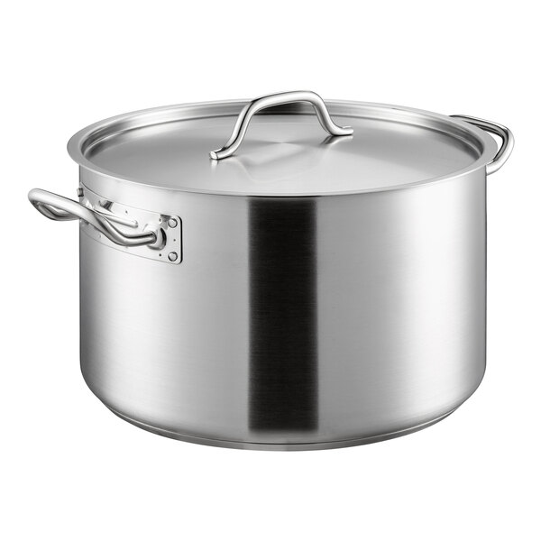 A large stainless steel sauce pot with a lid and side handles.
