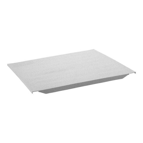 A white rectangular shelf plate with a metal edge.