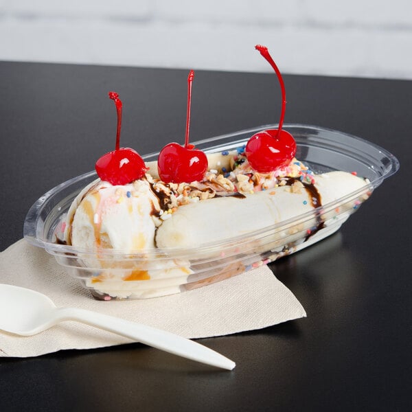 Details about   Ultra Clear Plastic Banana Split boat Dishes ice cream Bowls and Lids 40 pc. 