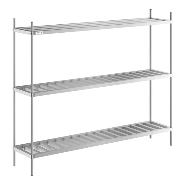 A white metal Regency wire keg rack with three shelves.