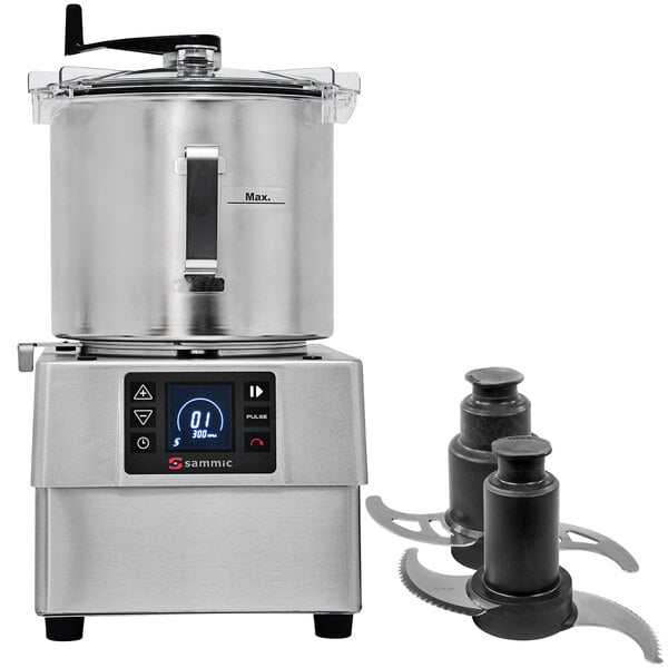 A silver Sammic food processor with a perforated blade and a lid over the bowl.