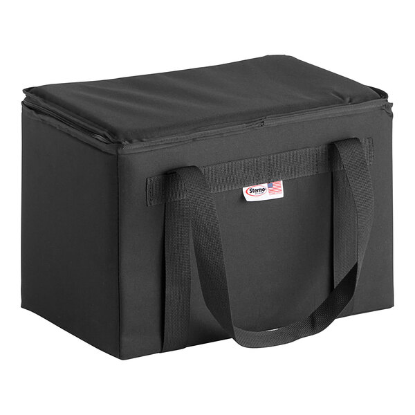 A black cooler bag with a handle and strap.