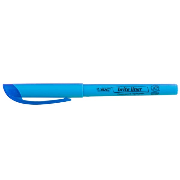 A blue Bic Brite Liner highlighter pen in a blue plastic tube with a black logo.