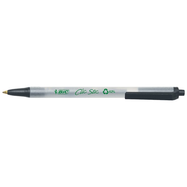 A close-up of a Bic Clic Stic retractable ballpoint pen with a black cap.