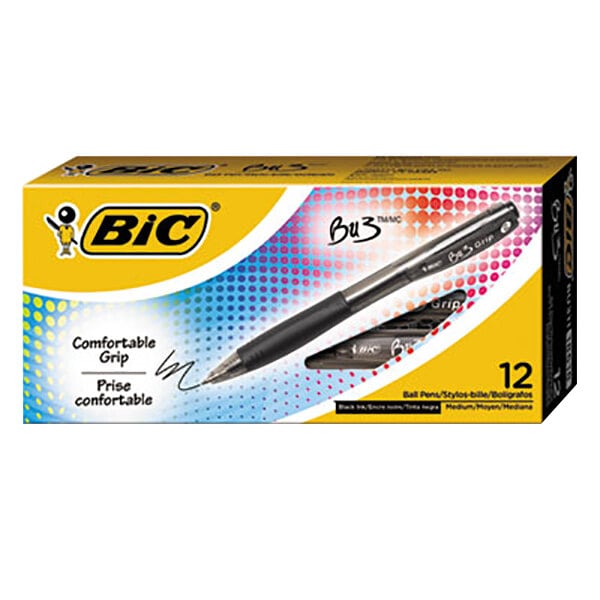 A black box of Bic Bold Point black ink retractable ballpoint pens.