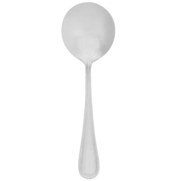 A silver bouillon spoon with a white handle.