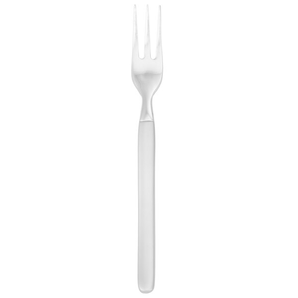 A close up of a Walco stainless steel cocktail fork with a white handle.