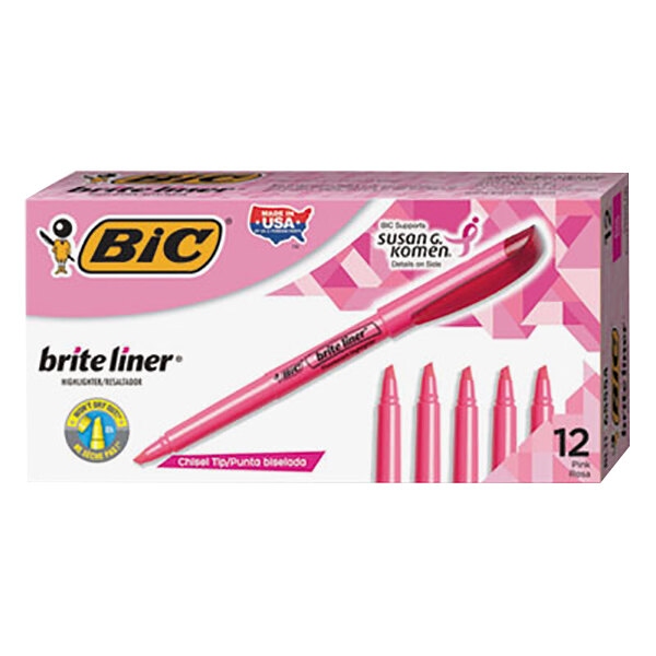 A box of Bic Brite Liner pink highlighter pens.